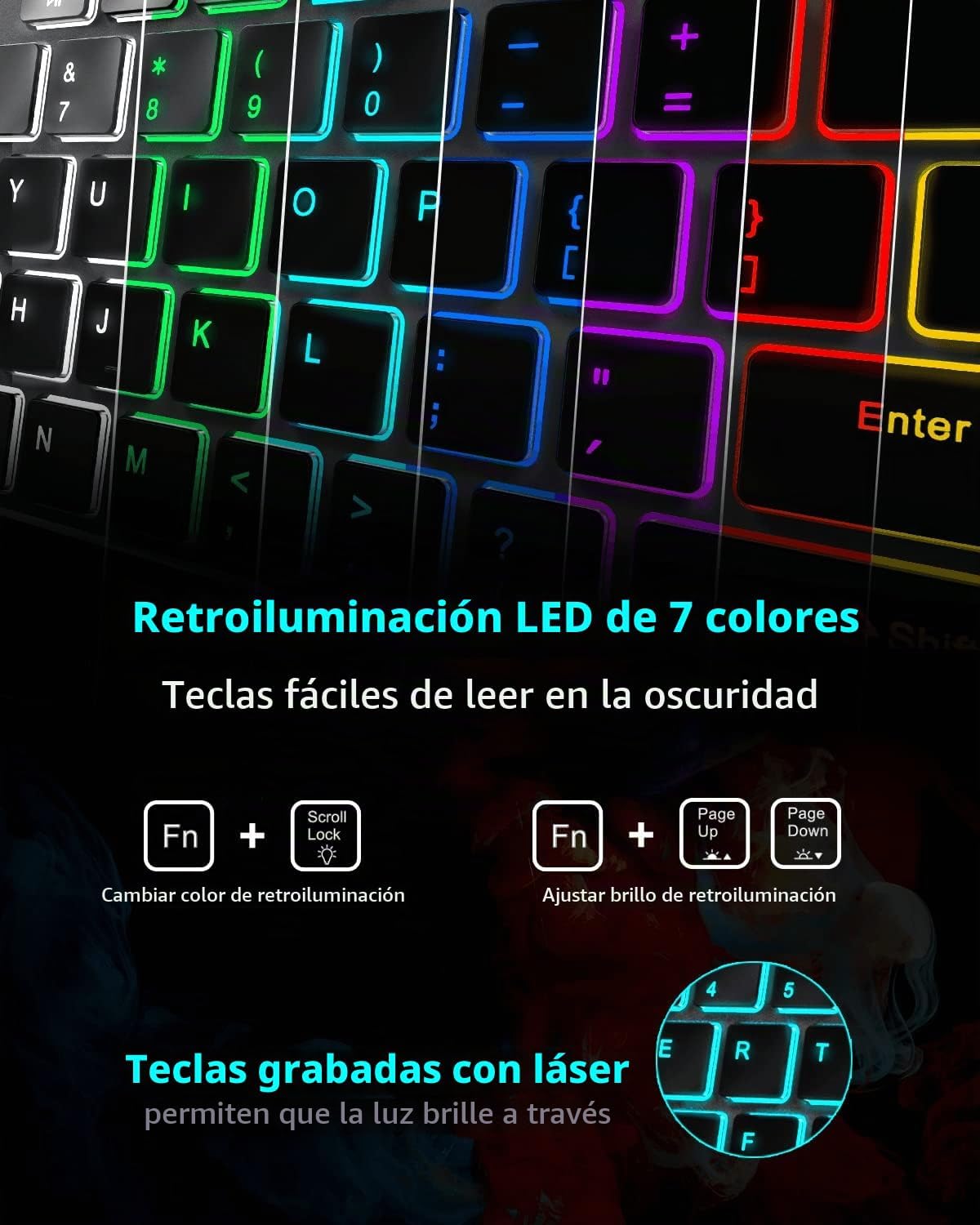 Teclado inalámbrico retroiluminado, teclado silencioso USB recargab...