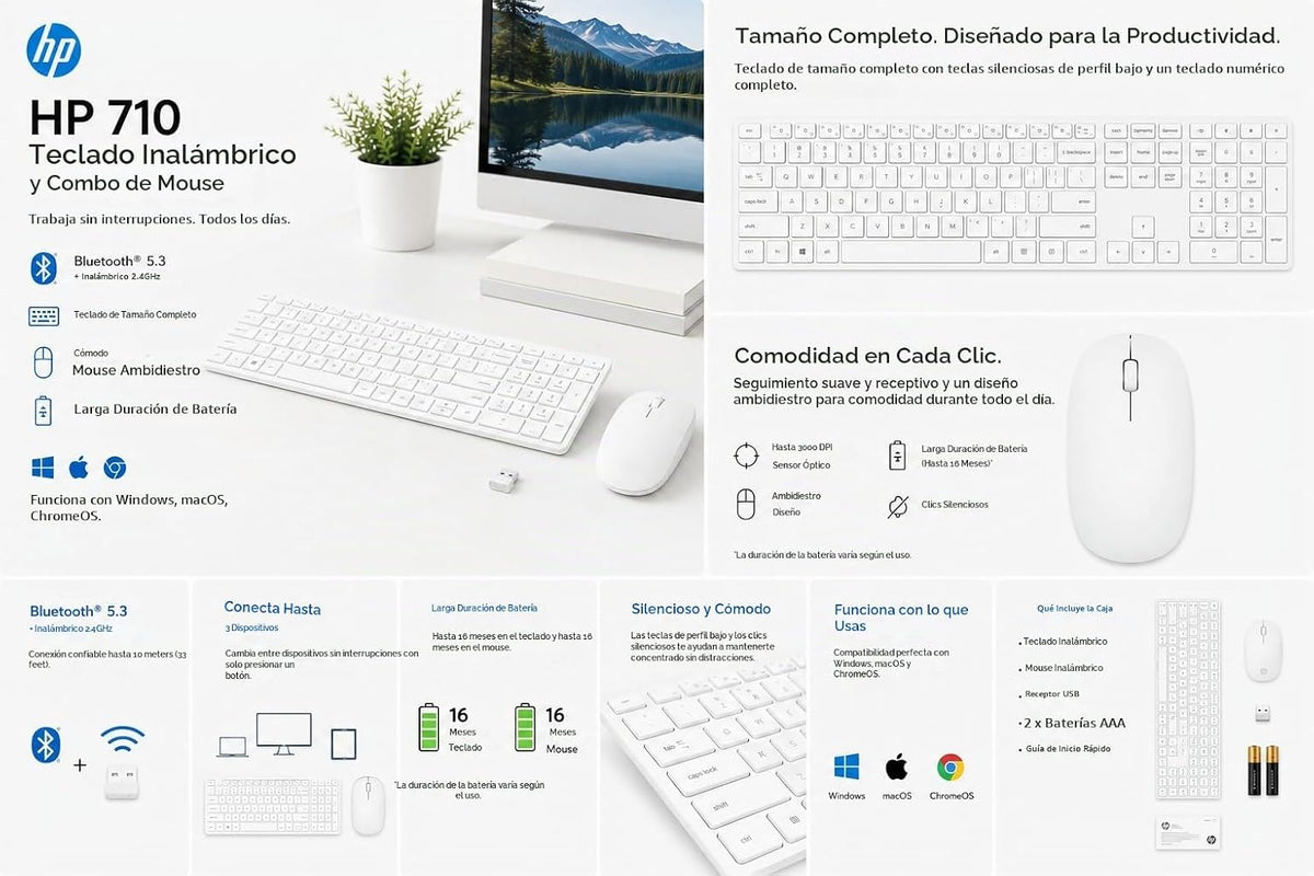HP Combo de teclado y mouse inalámbricos 710, diseño delgado con te...