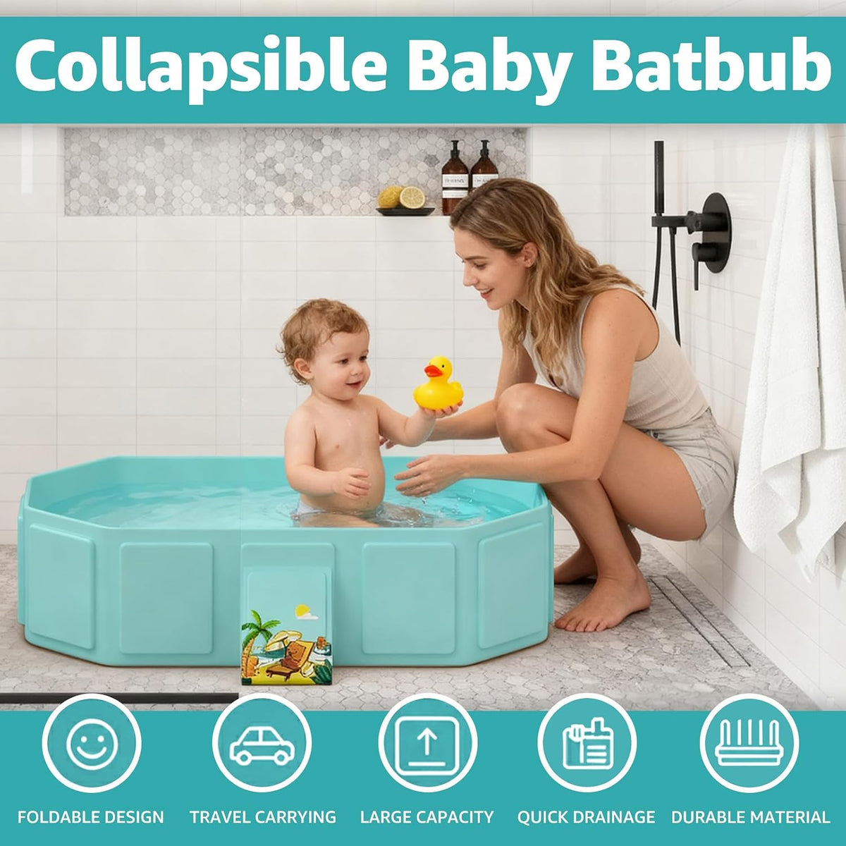 Bañera plegable para bebé, bañera para niños pequeños con tapón de...