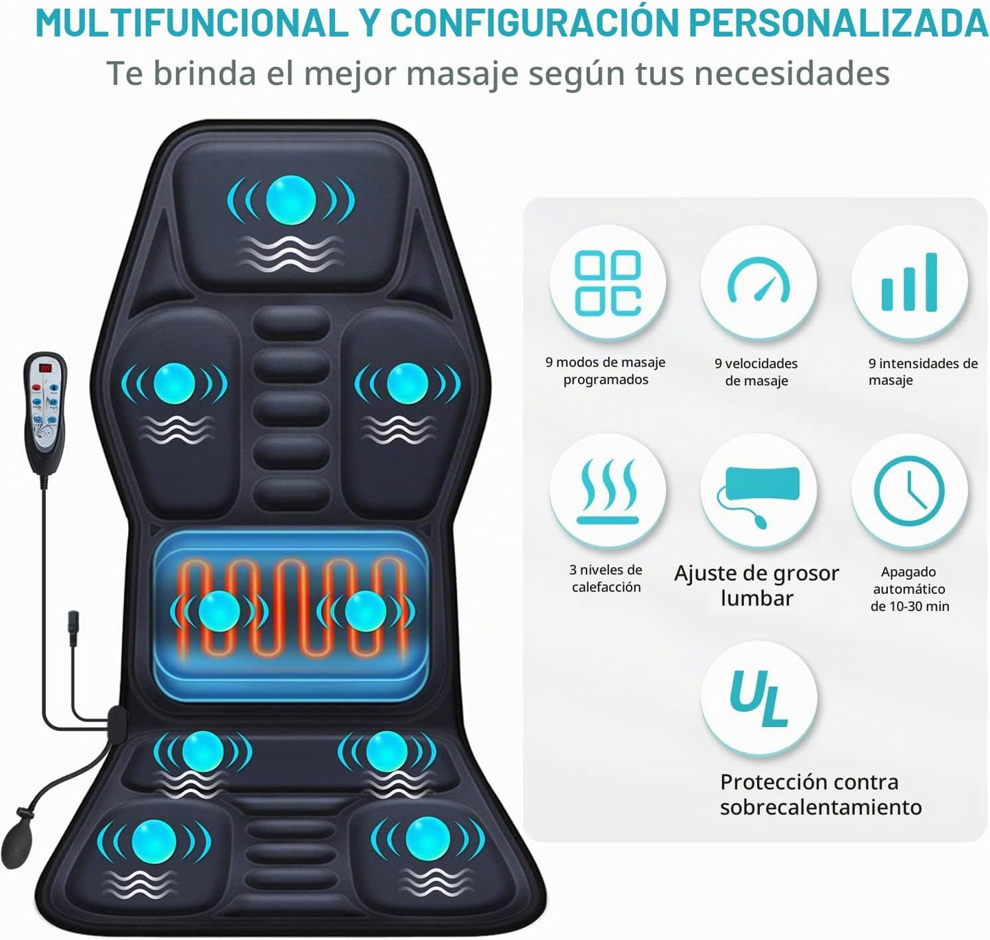 AIVEISI Cojín de asiento de masaje con calor 9 estilo de masaje fun...