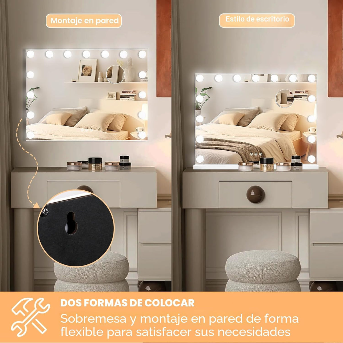 Moonee Espejo de tocador con luces, espejo de maquillaje iluminado...
