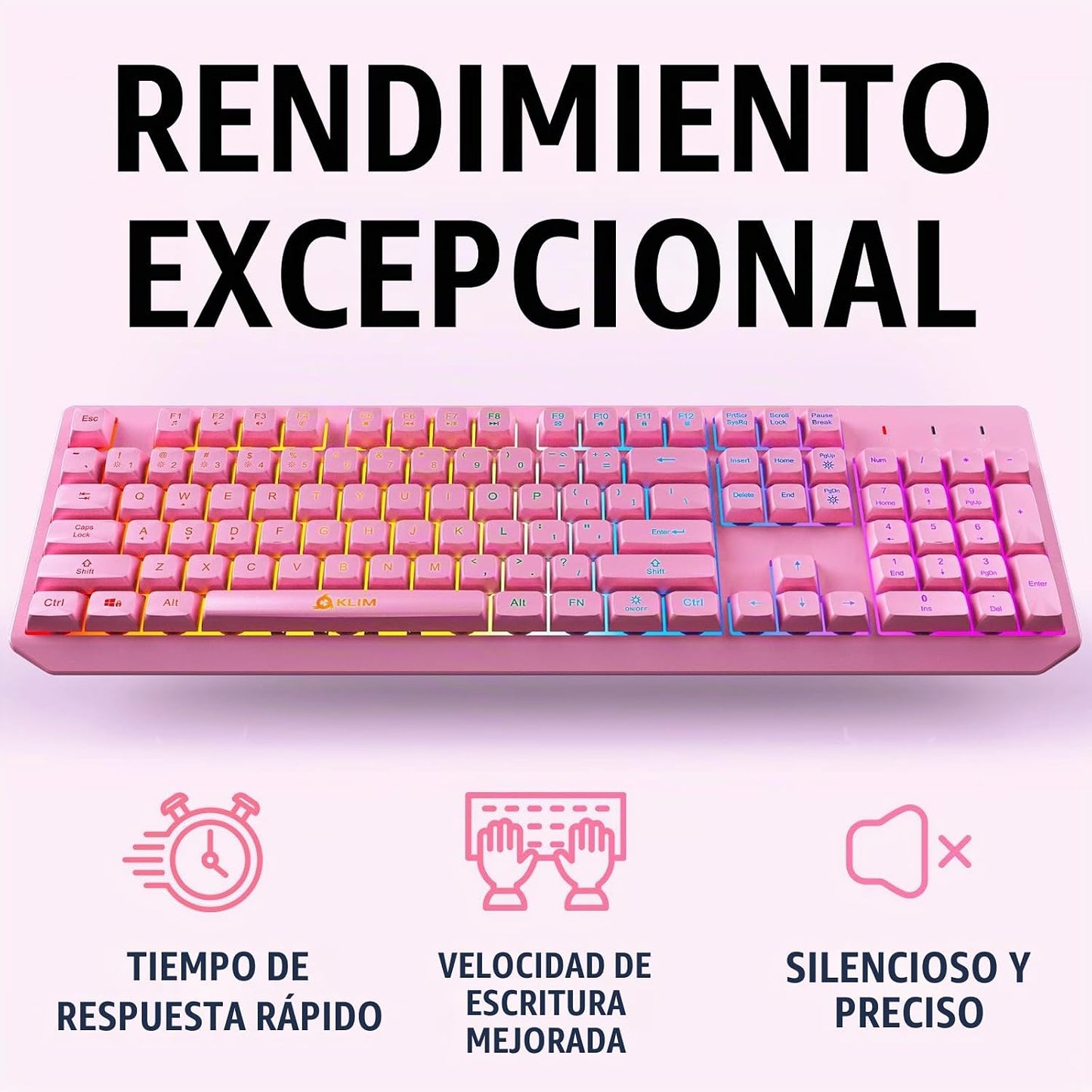 Teclado inalámbrico KLIM Chroma Rosa \u2013 Retroiluminación RGB, B...