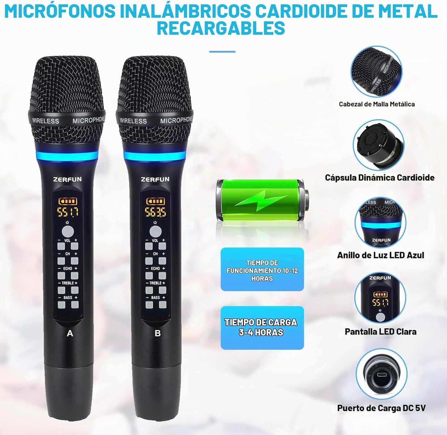 ZERFUN Sistema de Micrófono Inalámbrico Recargable de 4 Canales, Mi...