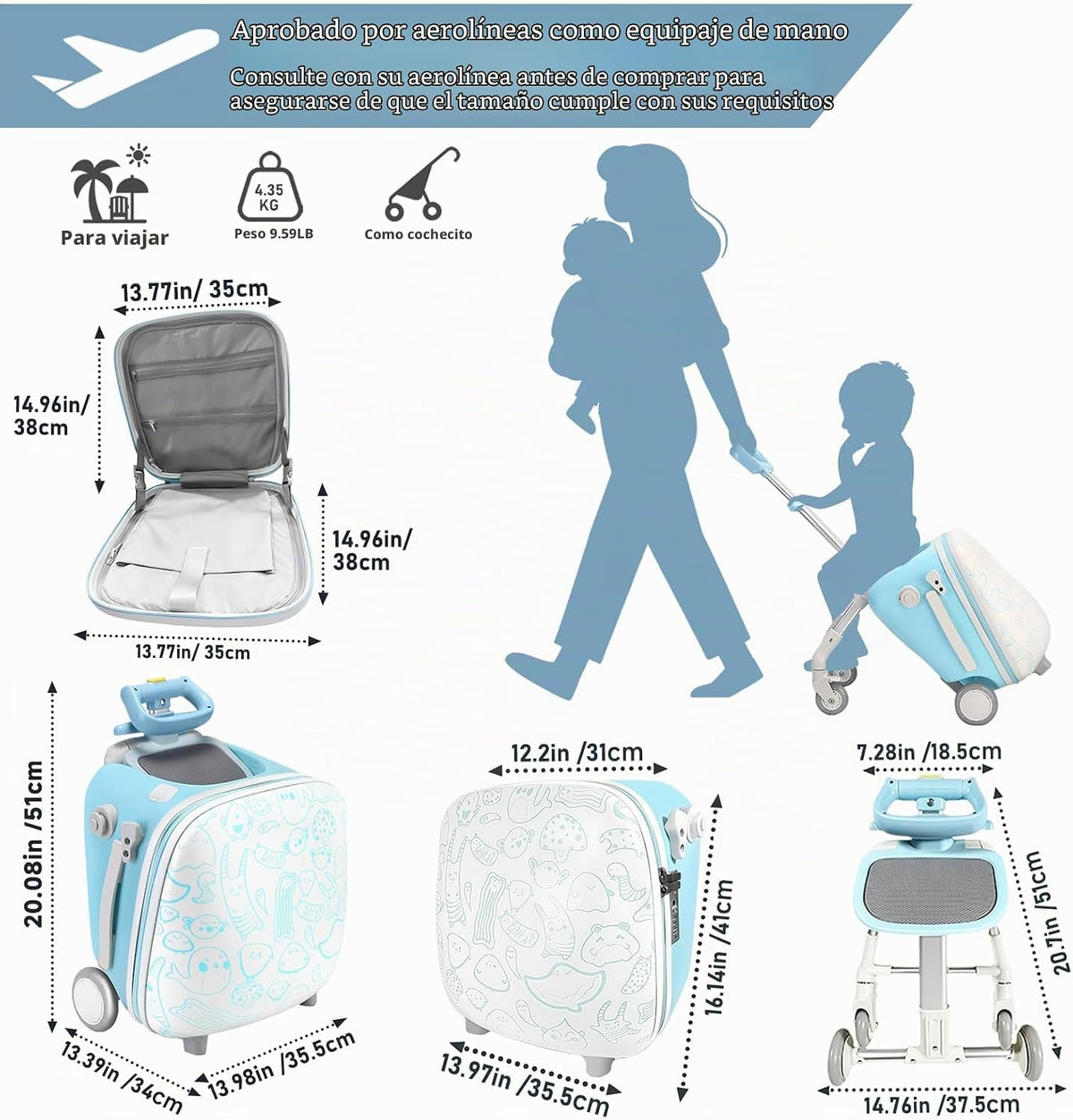 AODI Equipaje de viaje para niños con asiento, maleta de 20 pulgada...