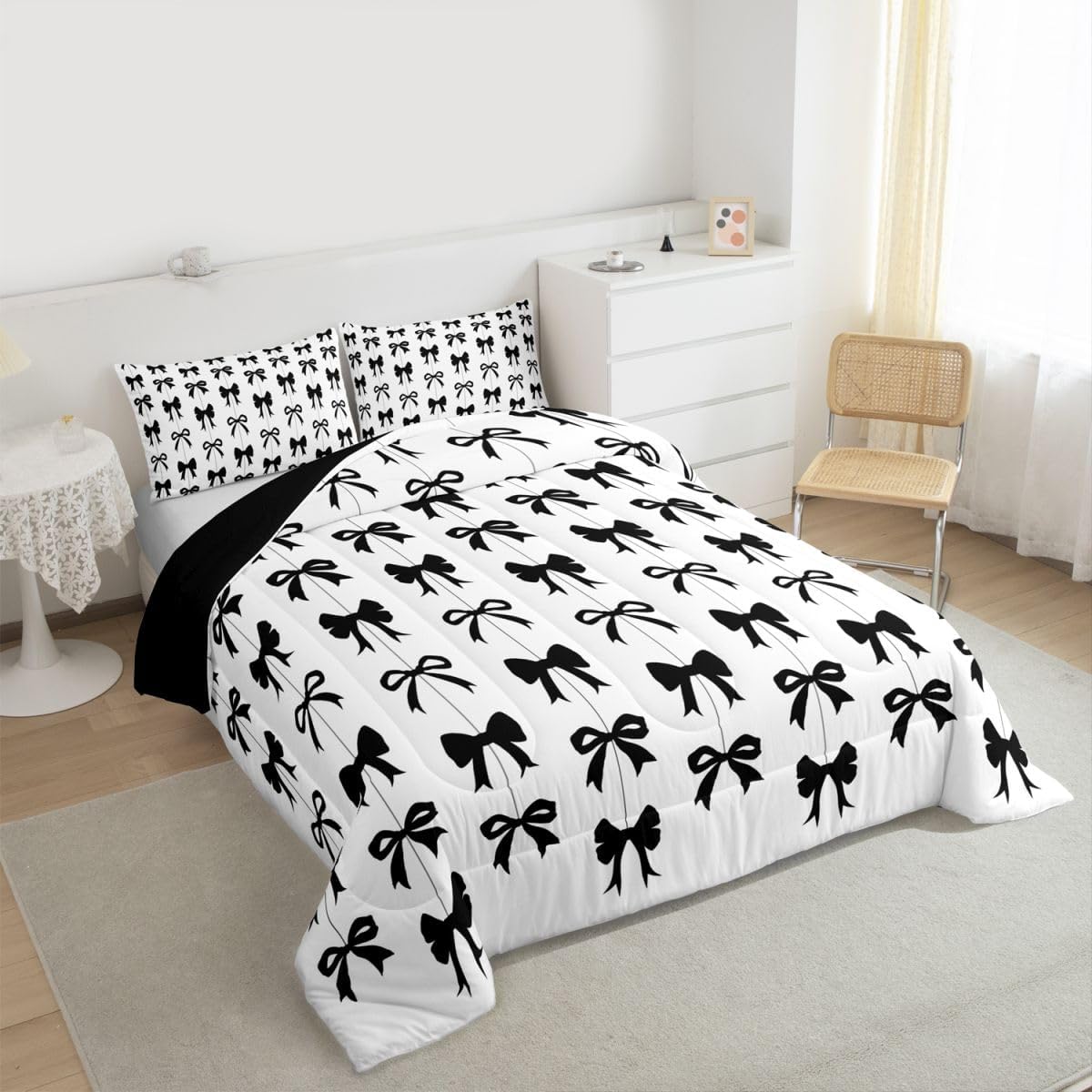 Erosebridal Juego de edredón Queen con lazo negro para niñas | Jueg...