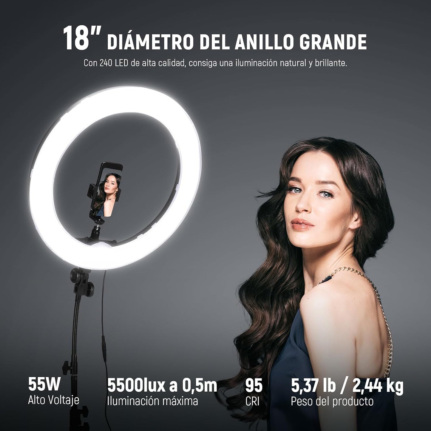 NEEWER Kit de luz de anillo de 18 pulgadas: LED profesional de 55 W...