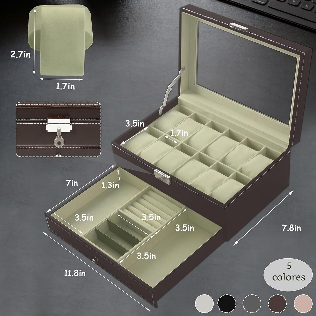 Ogrmar Cajas de almacenamiento de relojes de 12 ranuras de cuero PU...