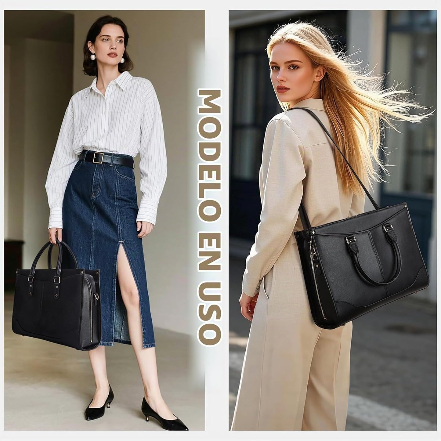 Masa Kawa Bolso de mano de cuero negro para computadora portátil de...