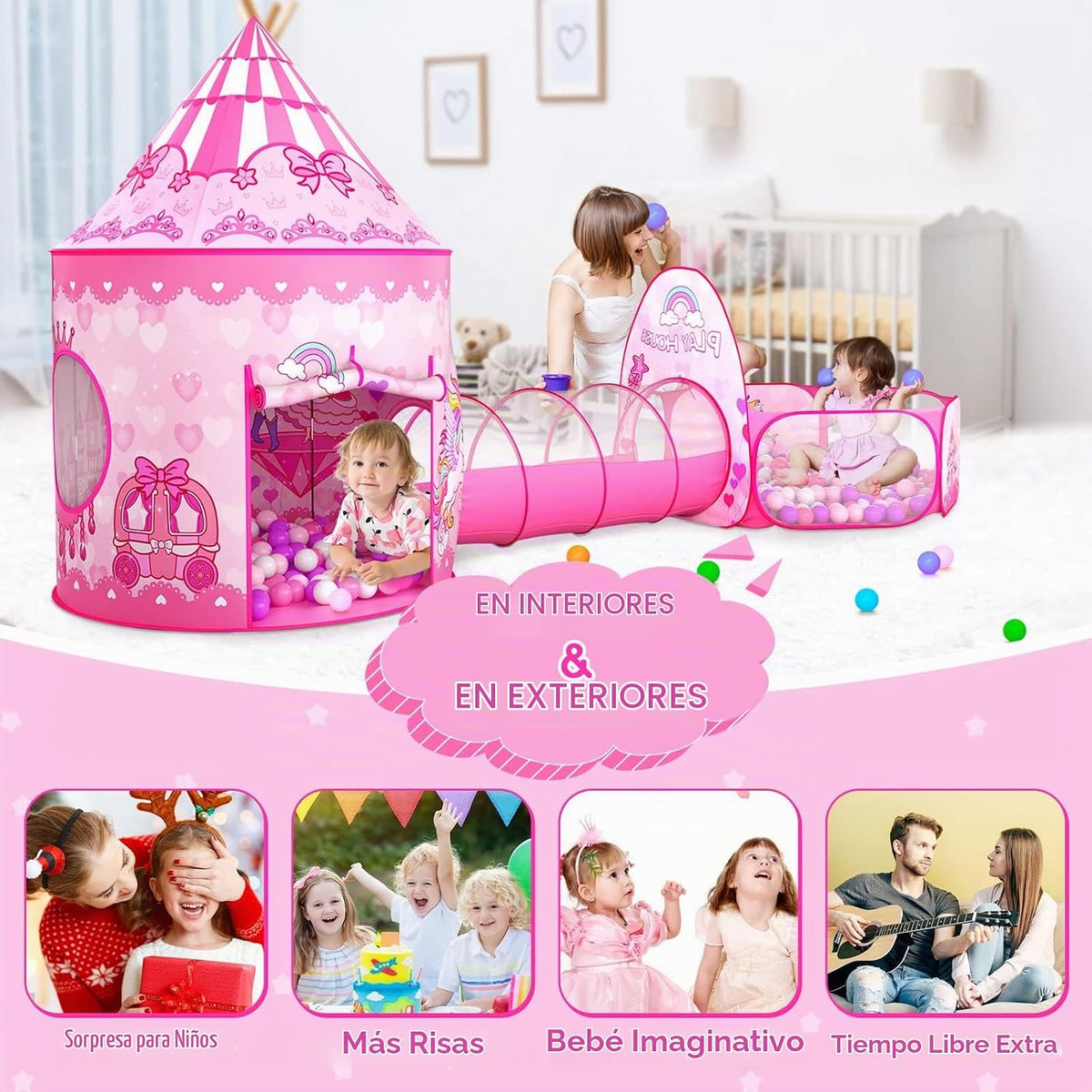 Tienda de campaña de 3 piezas para niñas con hoyo de bolas, túnel d...