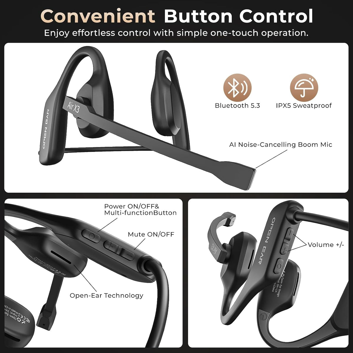 Puoene Auriculares de conducción de aire abierto con micrófono, aur...