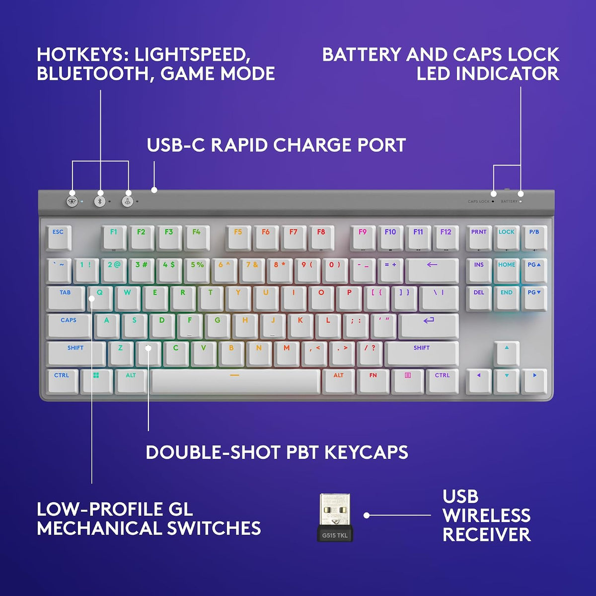 Logitech G Teclado inalámbrico para juegos 515 Lightspeed TKL (line...