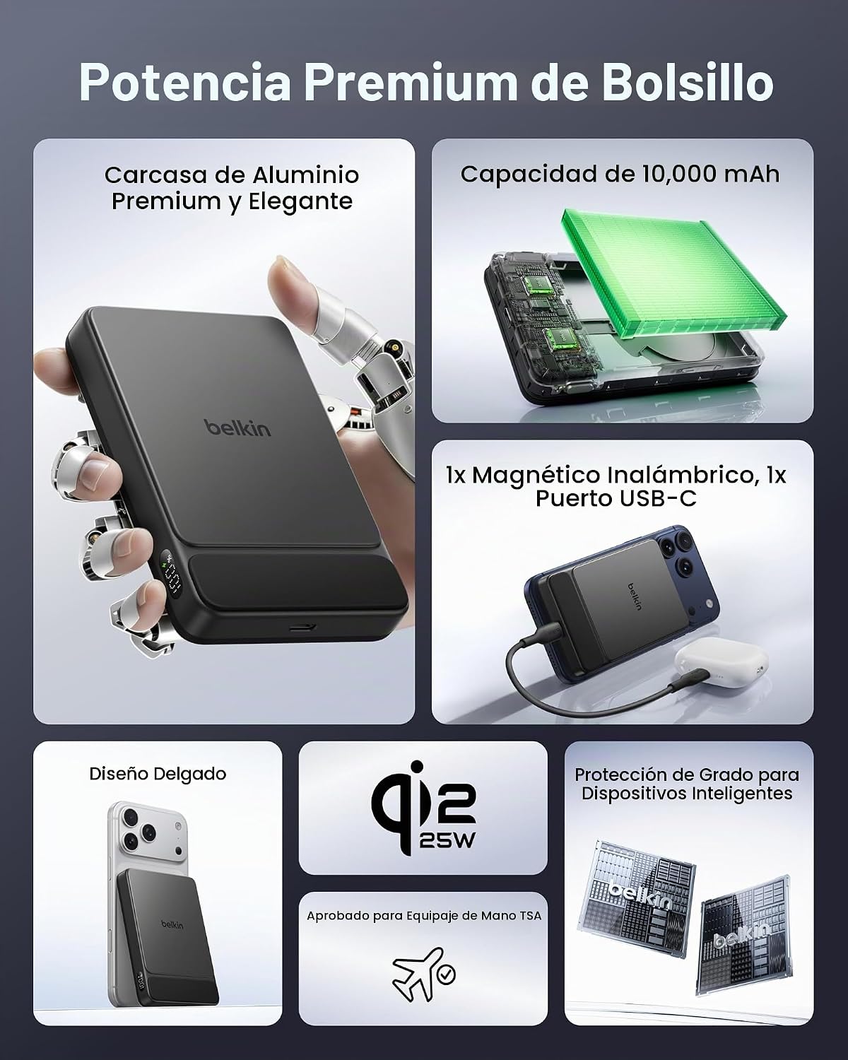 Belkin 10000mAh Qi2 25W Slim cargador portátil banco de energía con...