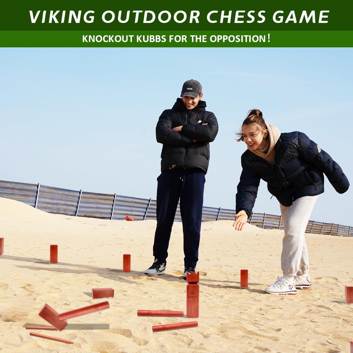 SunNordic Juego de jardín Kubb de madera de caucho con bolsa de tra...