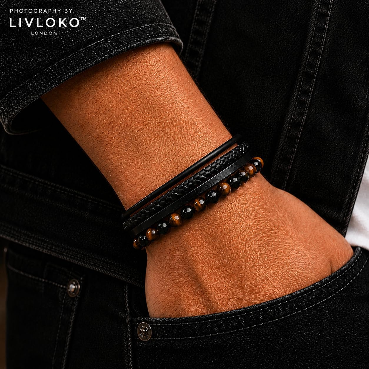Pulsera de cuero para hombre LIVLOKO LONDON, negra, multicapa, con...