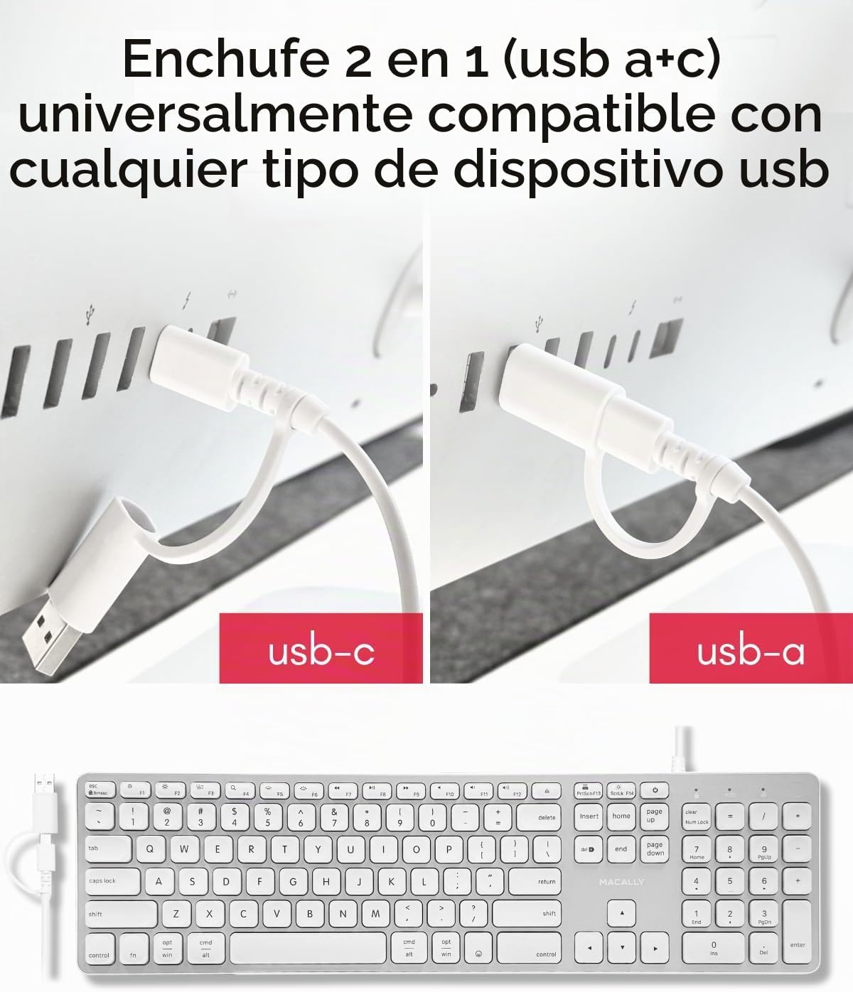 Teclado con cable Macally para Mac con Hub USB (2X USB-A \/ 1x USB-...