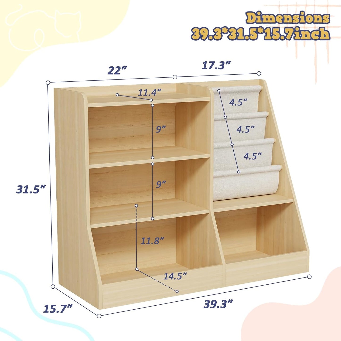 IKALIFE Estantería de madera grande para niños de 39" y organiz...
