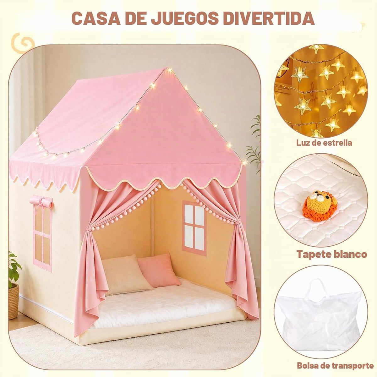 Tienda de juegos grande para niños con tapete y luces de estrellas,...