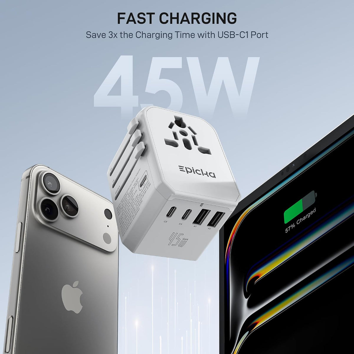 EPICKA 45W Adaptador de viaje universal PD&amp;QC, 1AC\/3USB-C\/2US...