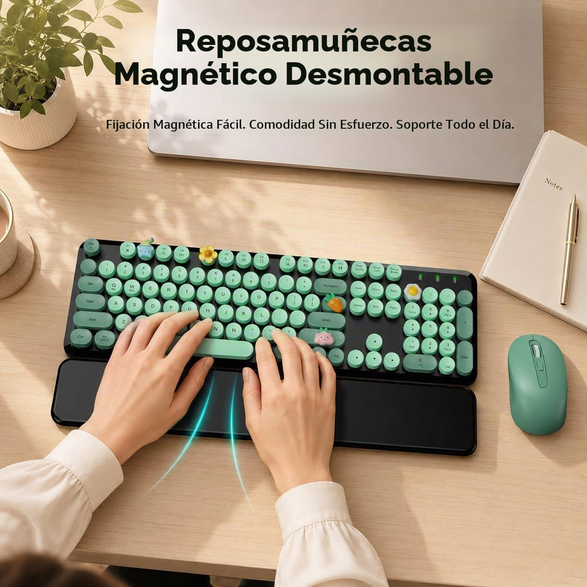 Teclado y mouse inalámbricos, tecla redonda, reposamuñecas magnétic...