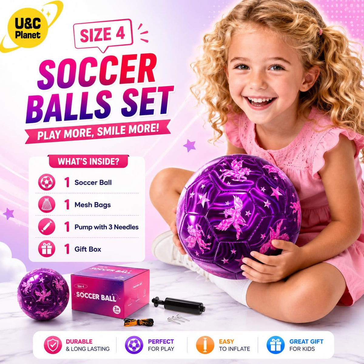 Balón de fútbol U&C Planet tamaño 2, 3, 4 para niños pequeños y jóv...