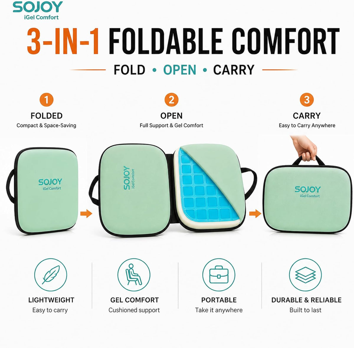 Sojoy Cojín de asiento de gel plegable 3 en 1 con espuma viscoelást...