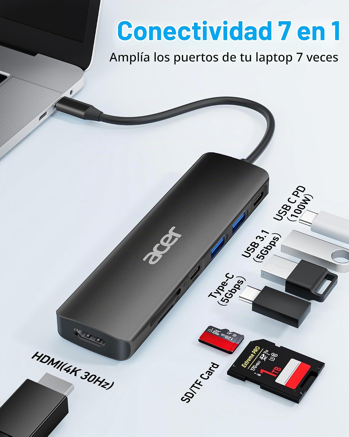 Acer USB C Hub, Dock USB-C a HDMI 7 en 1, 2 USBA 3.1 GEN1 y puerto...