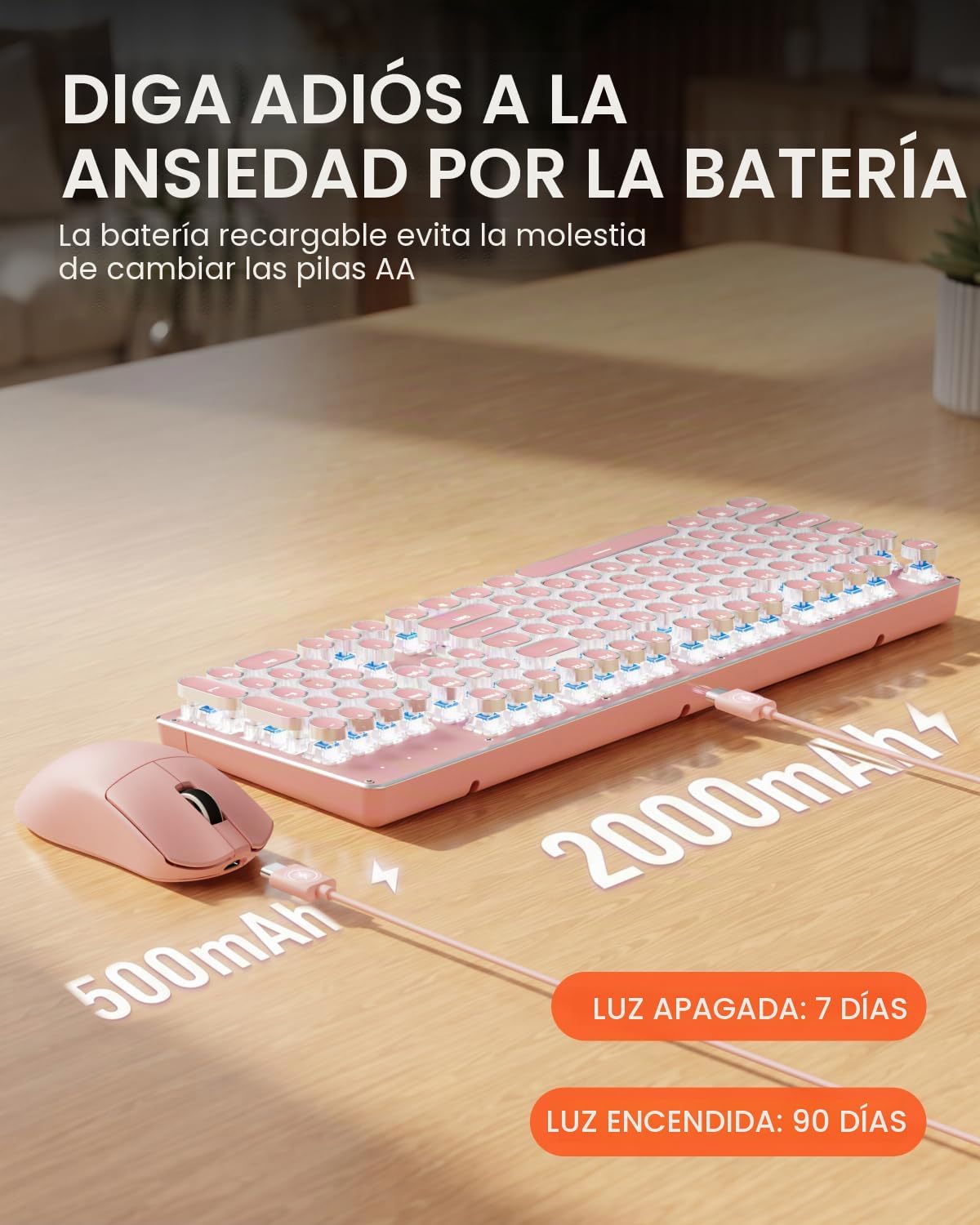 Combo de teclado y mouse inalámbricos, máquina de escribir retroilu...