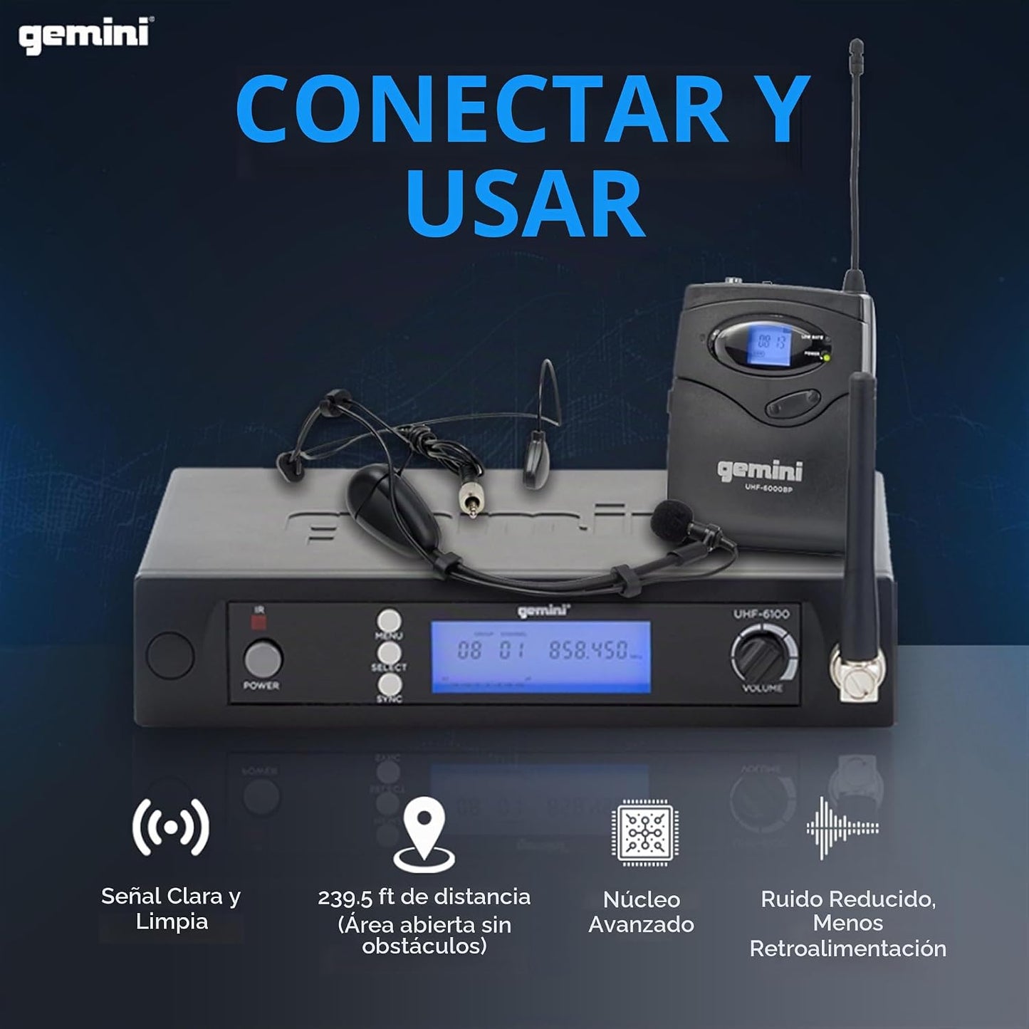 Gemini Auriculares inalámbricos UHF y sistema de micrófono Lavalier...