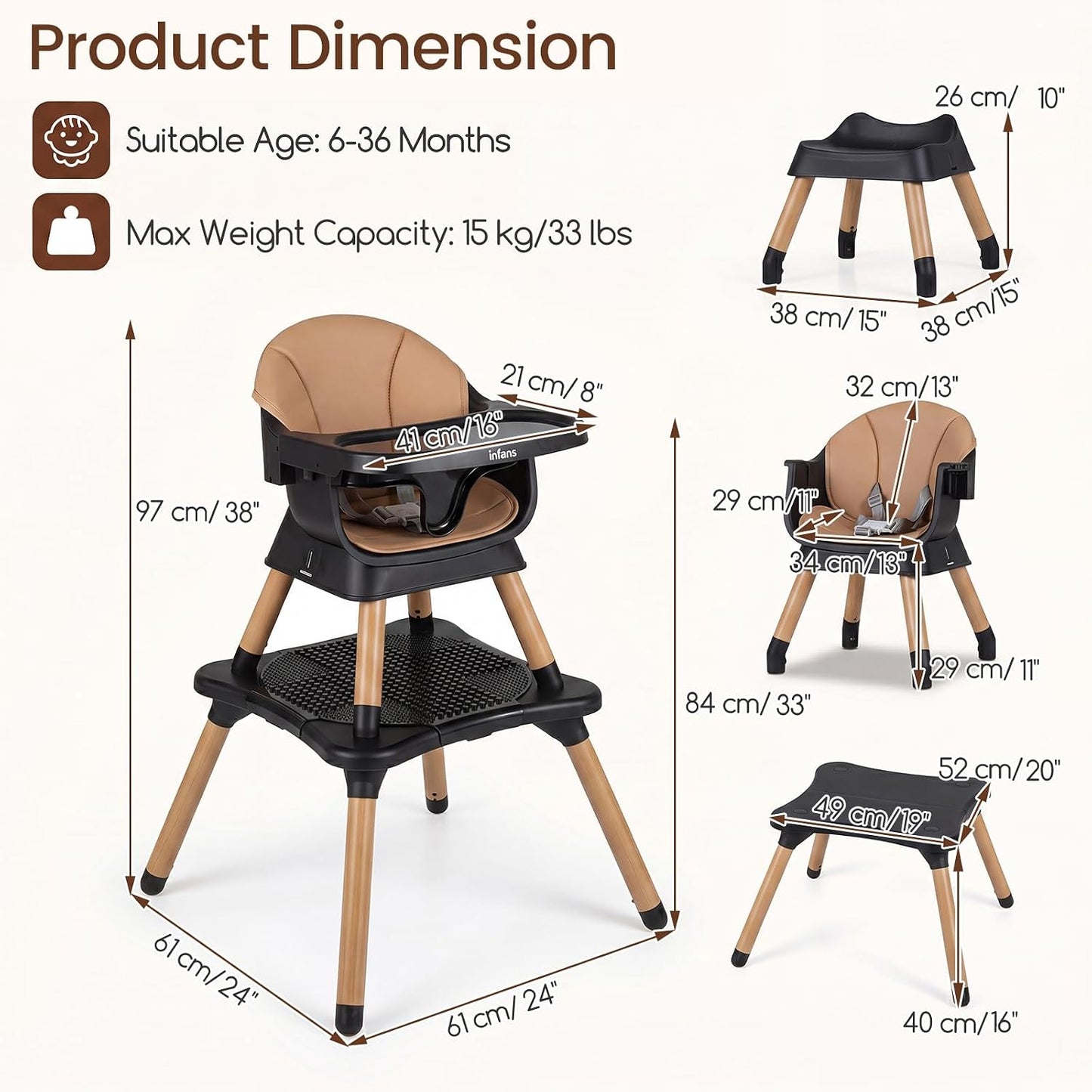 INFANS Silla alta para bebé, silla alta convertible 9 en 1 para beb...
