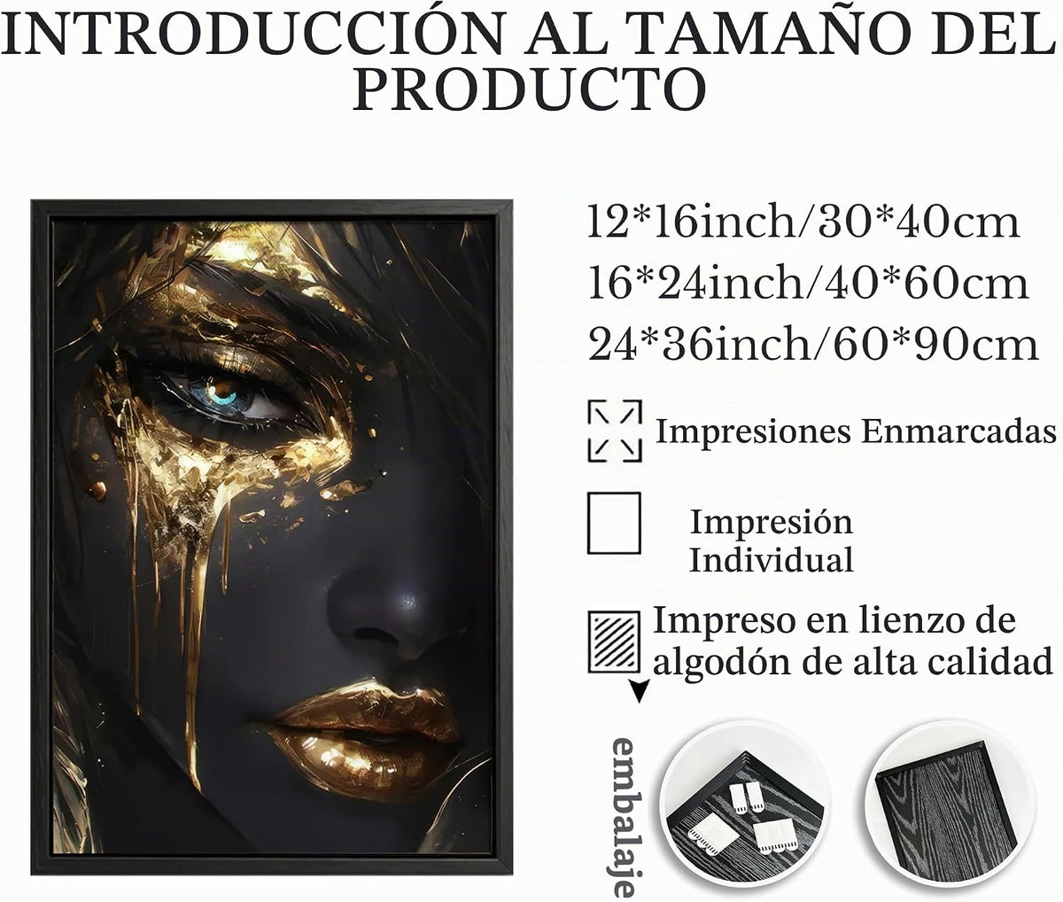 Lienzo abstracto enmarcado negro con cara de mujer negra, arte de p...