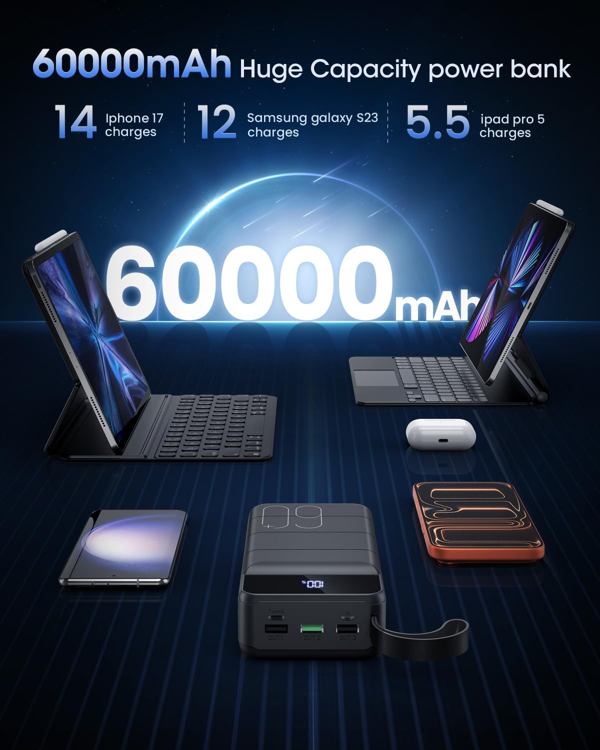 Cargador Portátil 60000mAh Banco de Energía - Carga Rápida 22.5W Pa...