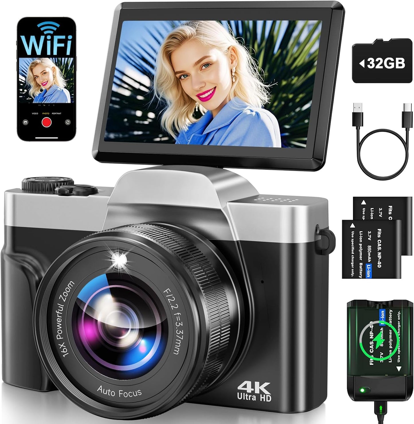 Cámara digital 4K para fotografía con WiFi 64MP Cámara de vlogging...