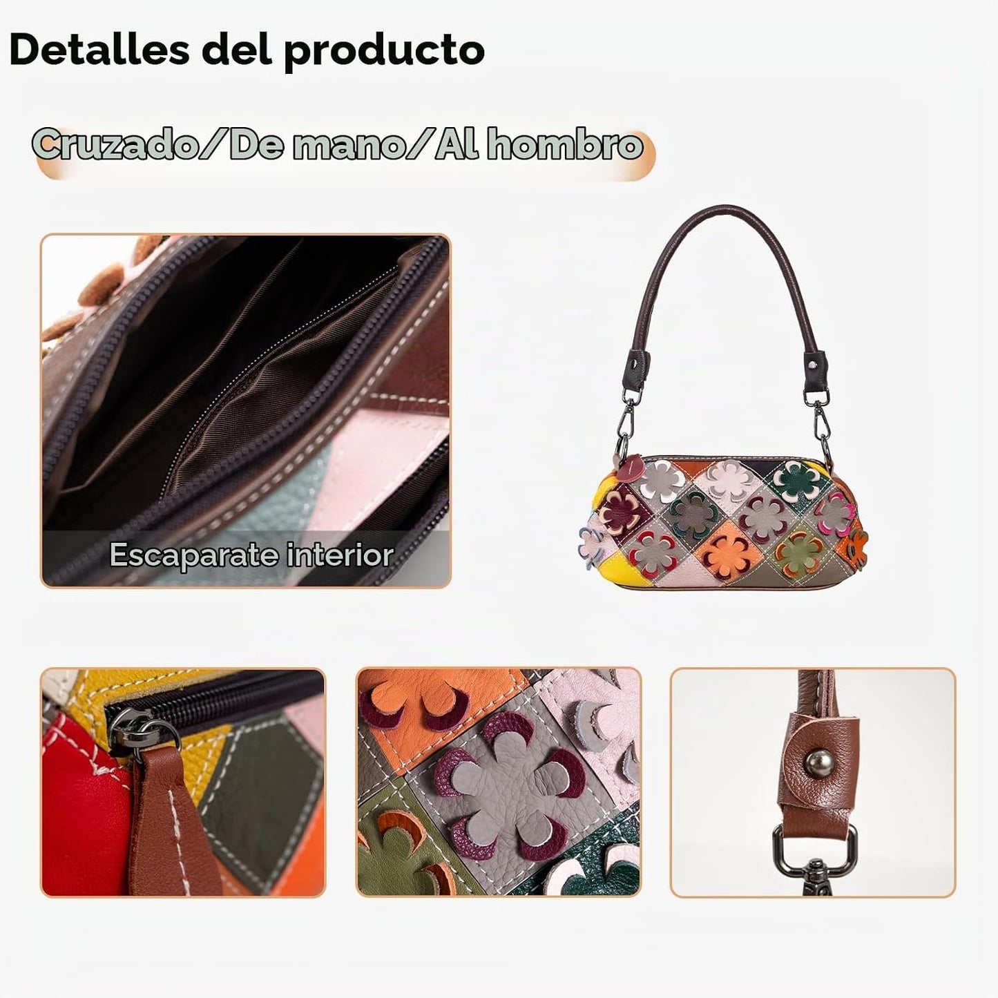 frrbuu - Bolso cruzado pequeño de piel auténtica con flores tallada...