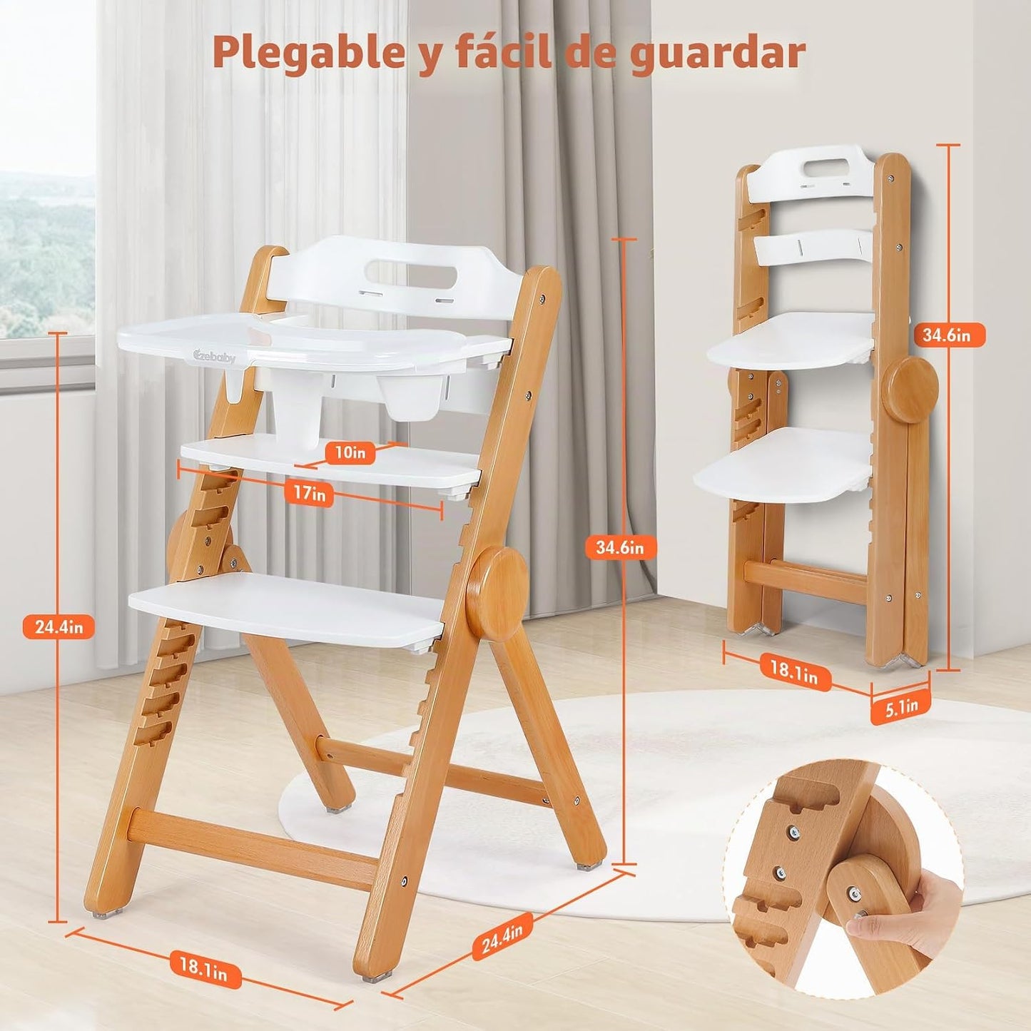 Ezebaby Silla alta plegable de madera, silla alta ajustable sin her...