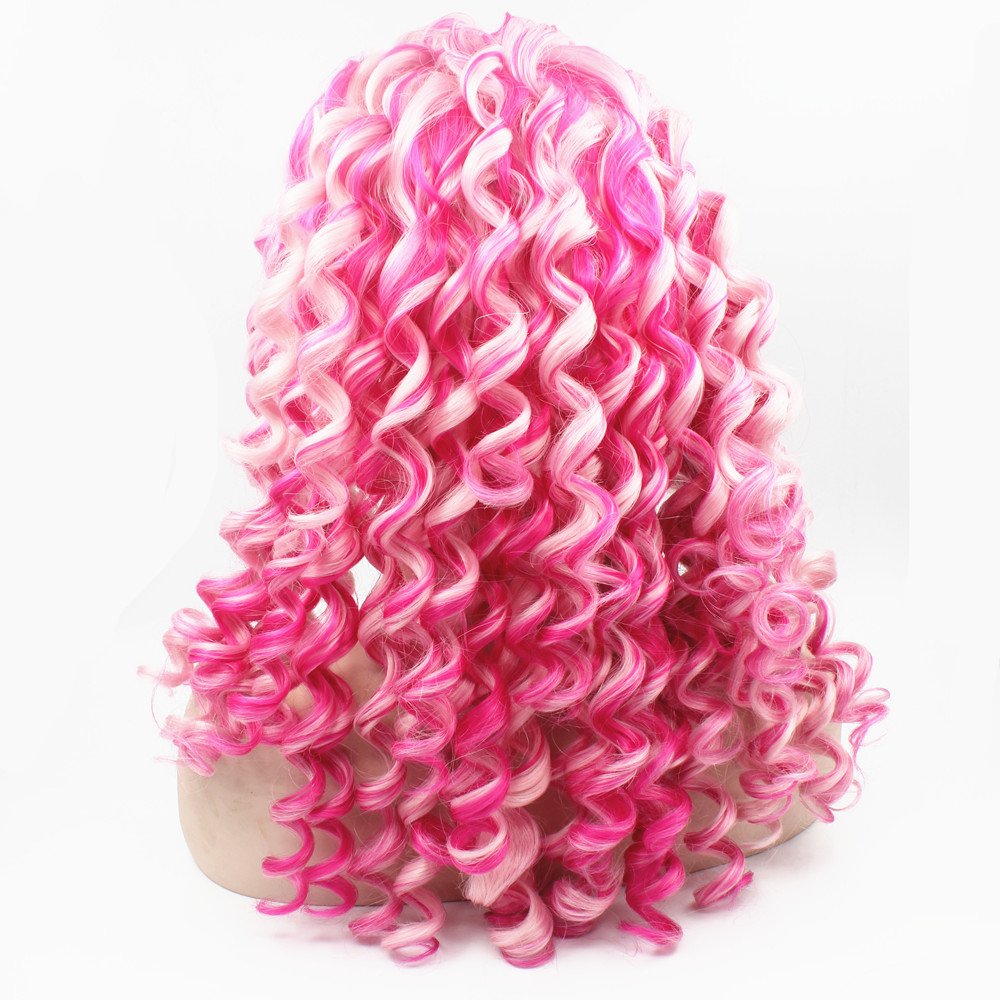 MX angel Mxangel - Peluca larga de color rosa rizado con encaje fro...
