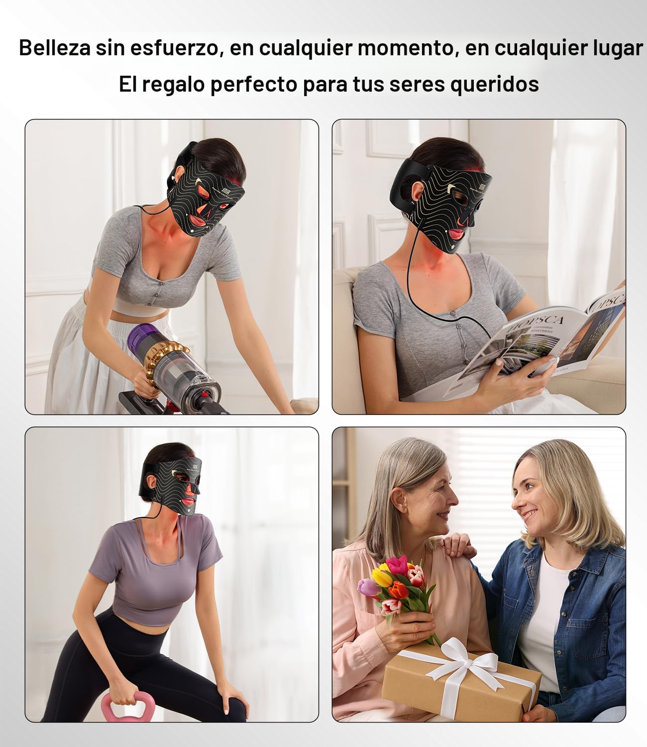 INIA Máscara de terapia de luz roja para cara, 4 modos de luz con N...