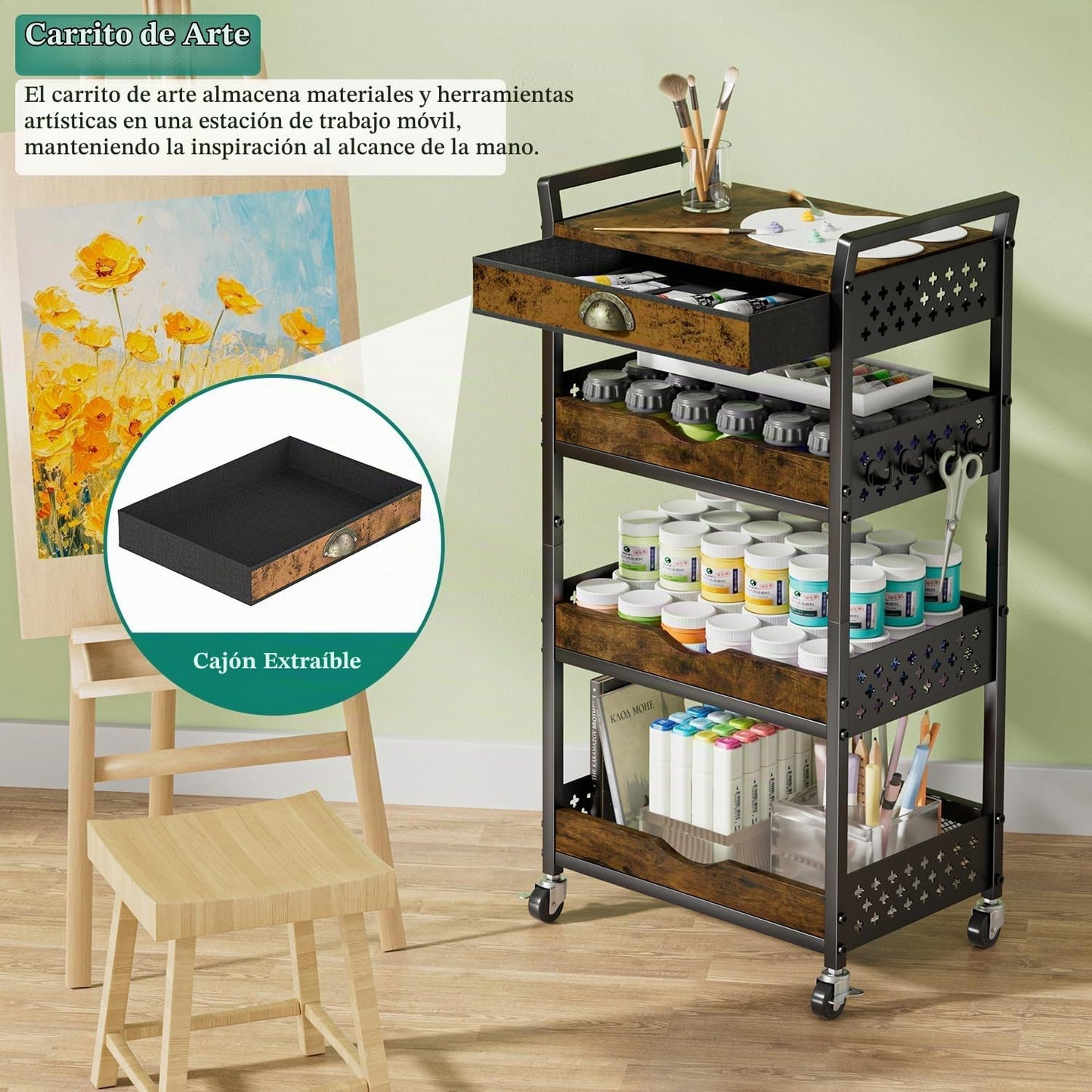 Giwil Carrito de almacenamiento rodante de 4 niveles con cajón, peq...