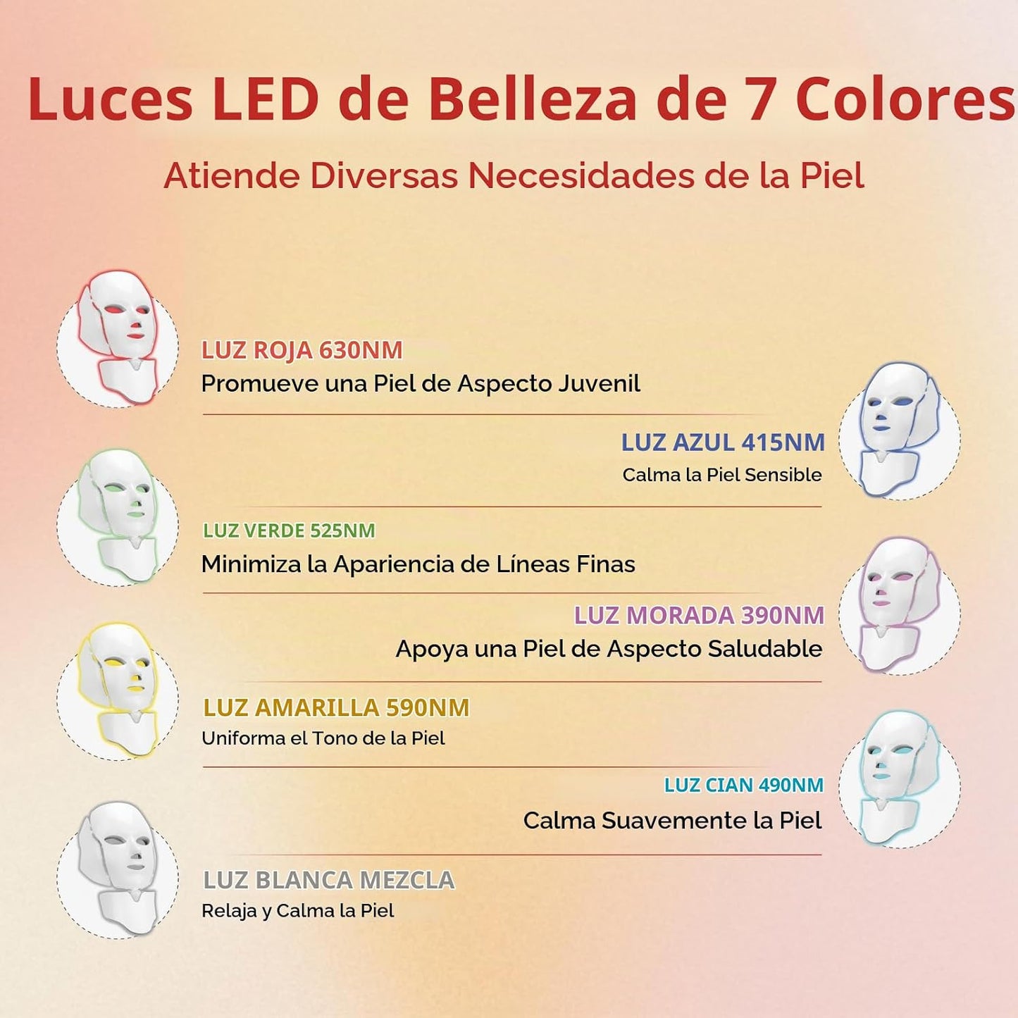 BeaRay Terapia de luz con máscara facial LED, 7 colores para vitali...