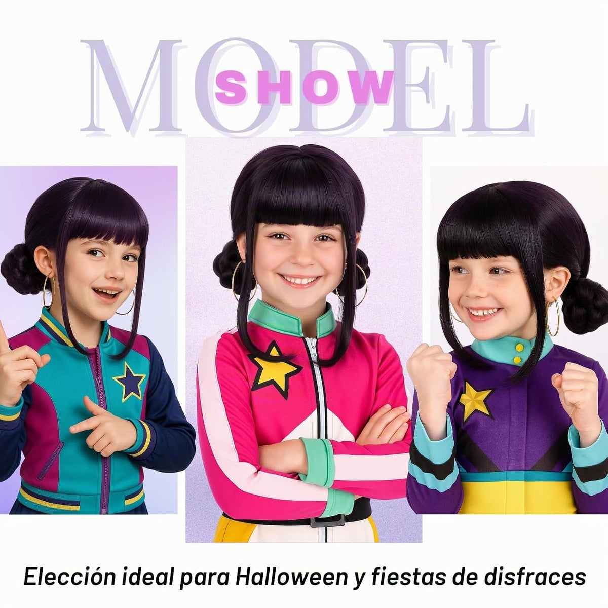 morvally Peluca corta negra y morada con 2 moños, pelucas de pelo s...