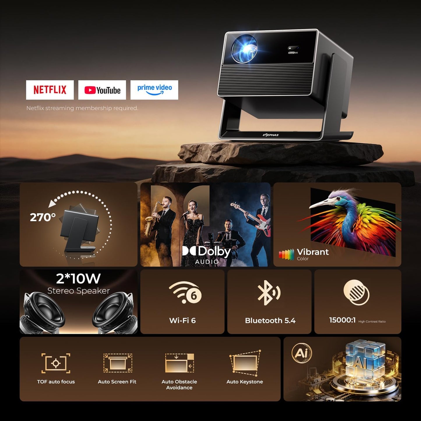 ELEPHAS Proyector inteligente 4K con WiFi y Bluetooth, compatible c...