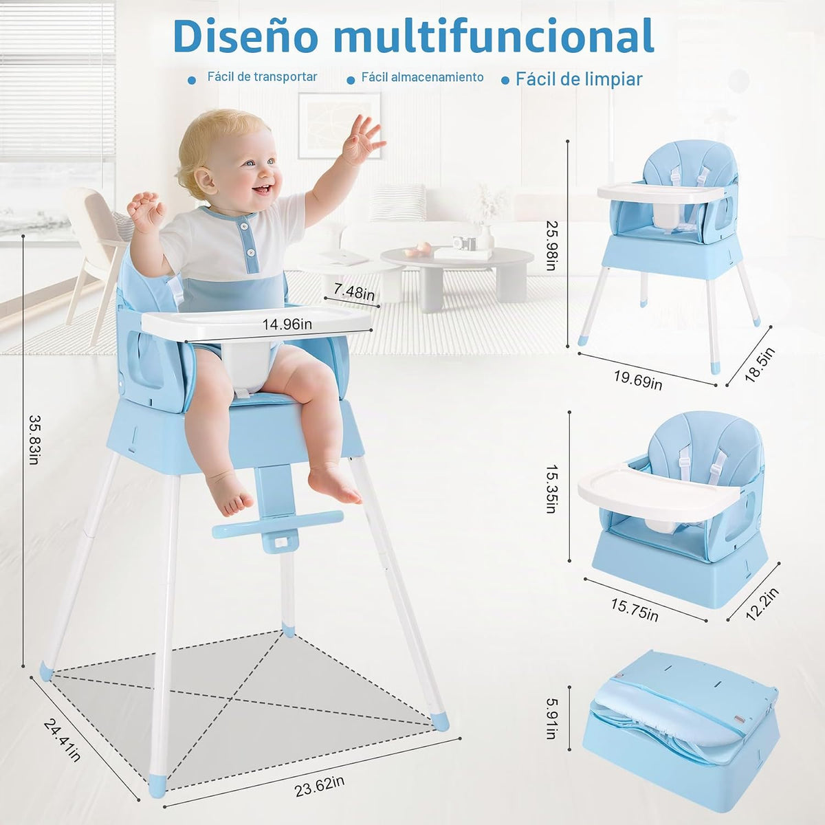 Silla alta portátil para bebé convertible 4 en 1 para bebés de 6 a...