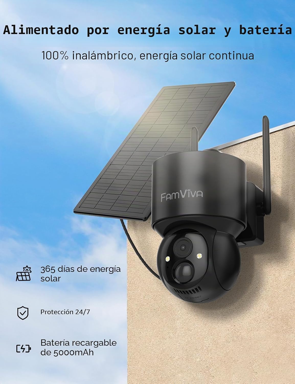 FAMVIVA Cámaras de seguridad solar 2K inalámbricas para exteriores,...