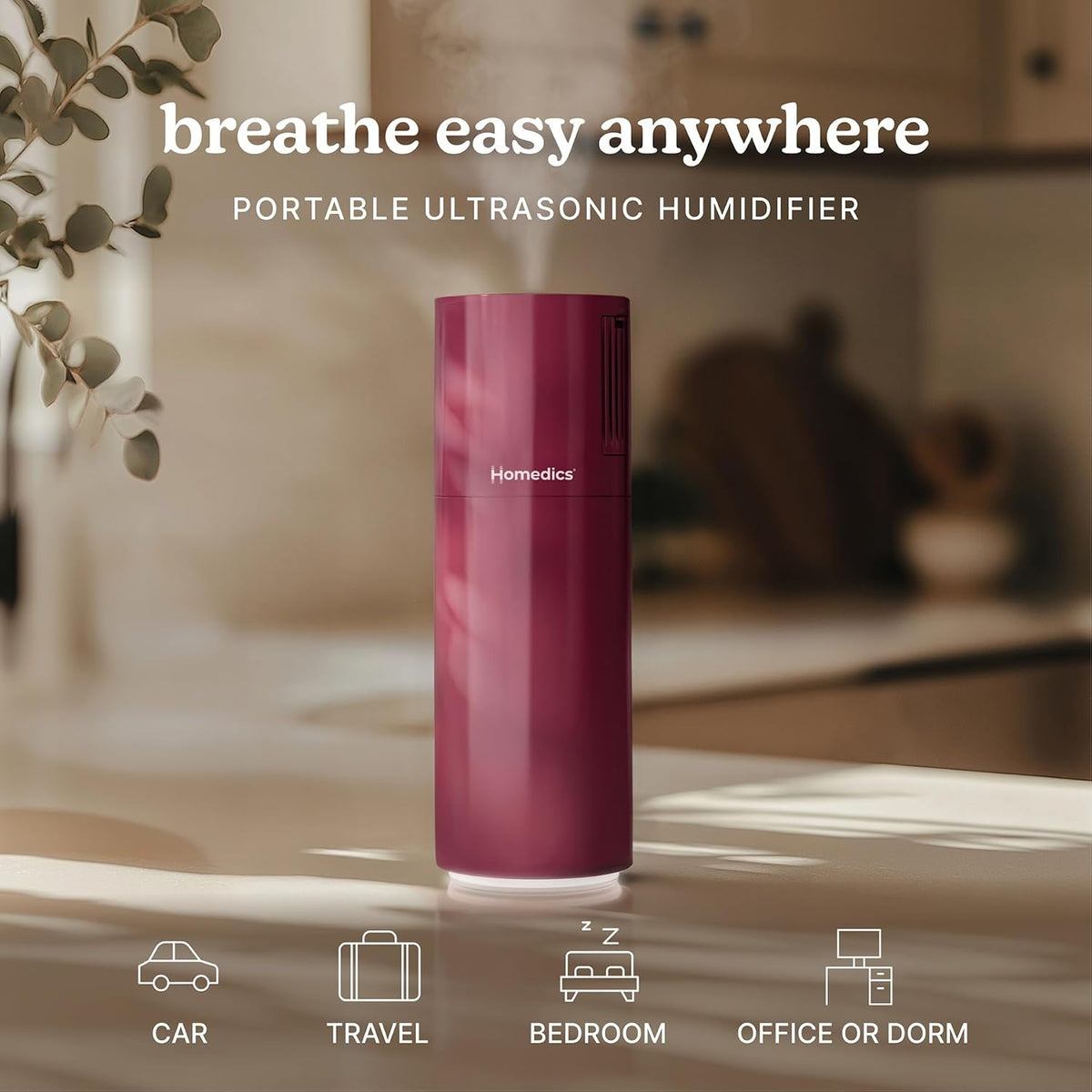 Homedics Humidificador ultrasónico portátil, recargable por USB, hu...