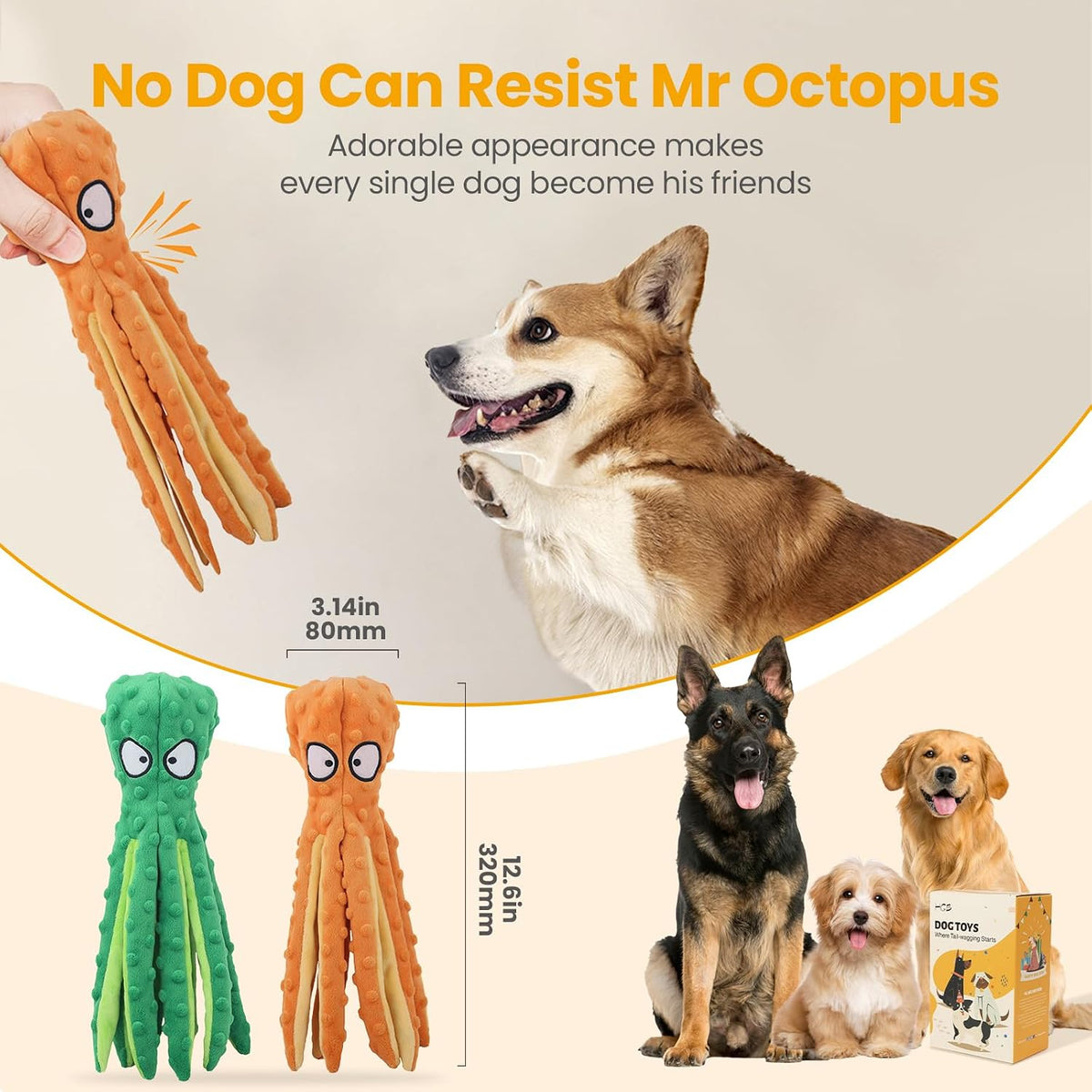 HGB Juguetes chirriantes para perros, sin relleno, pulpo arrugado p...