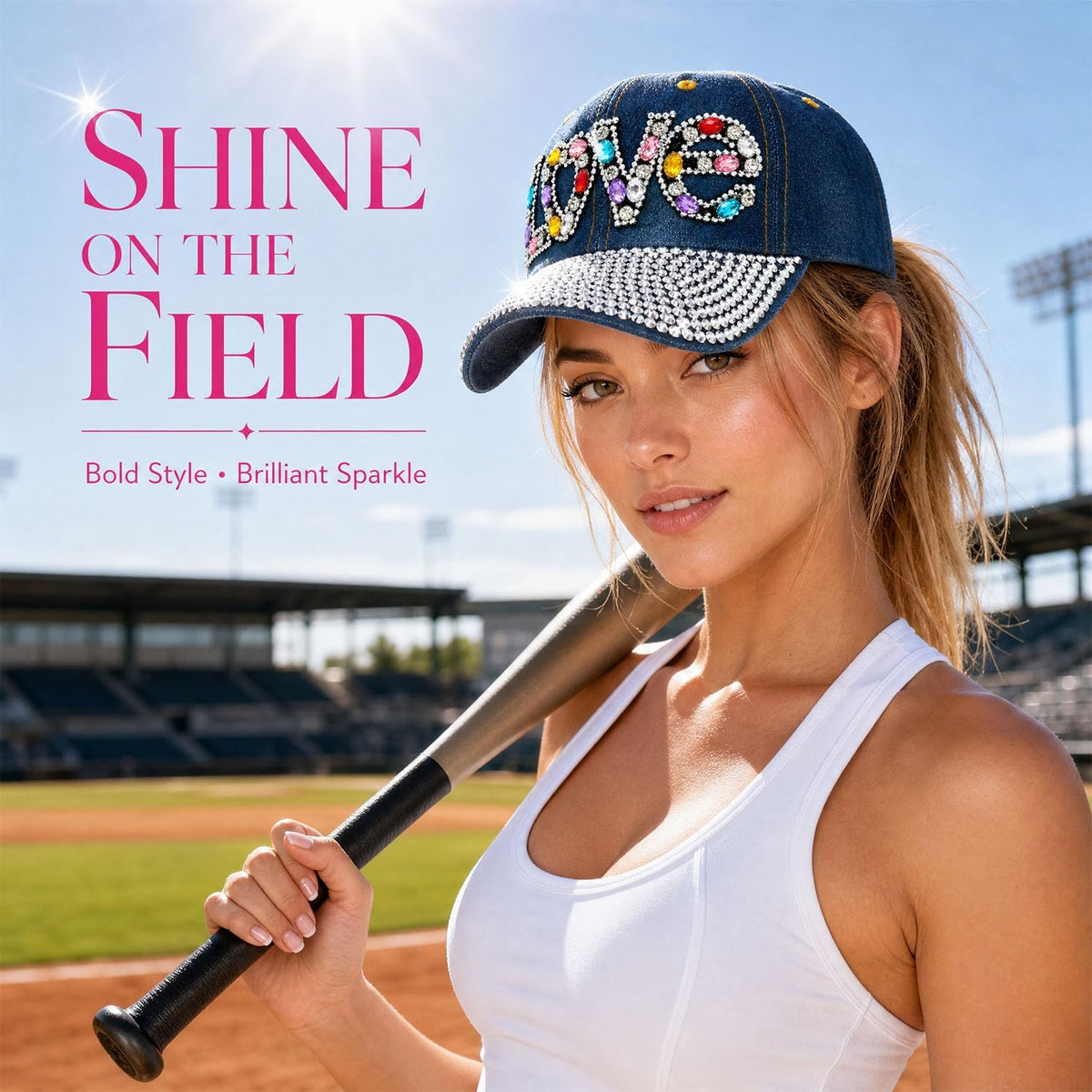 Gorra de béisbol brillante con diamantes de imitación, malla ajusta...