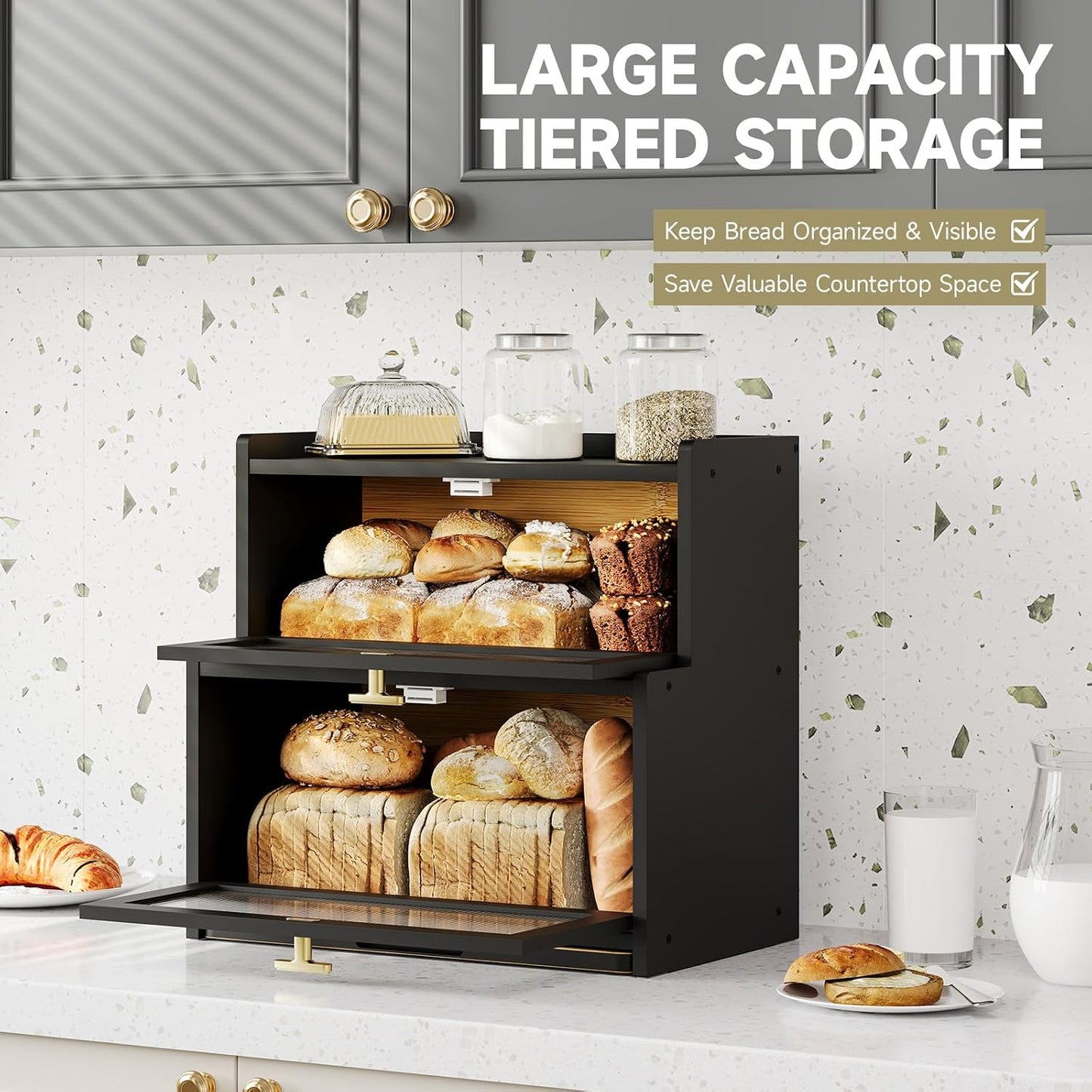 Vellzeyce Caja de pan grande con tabla de cortar para encimera de c...