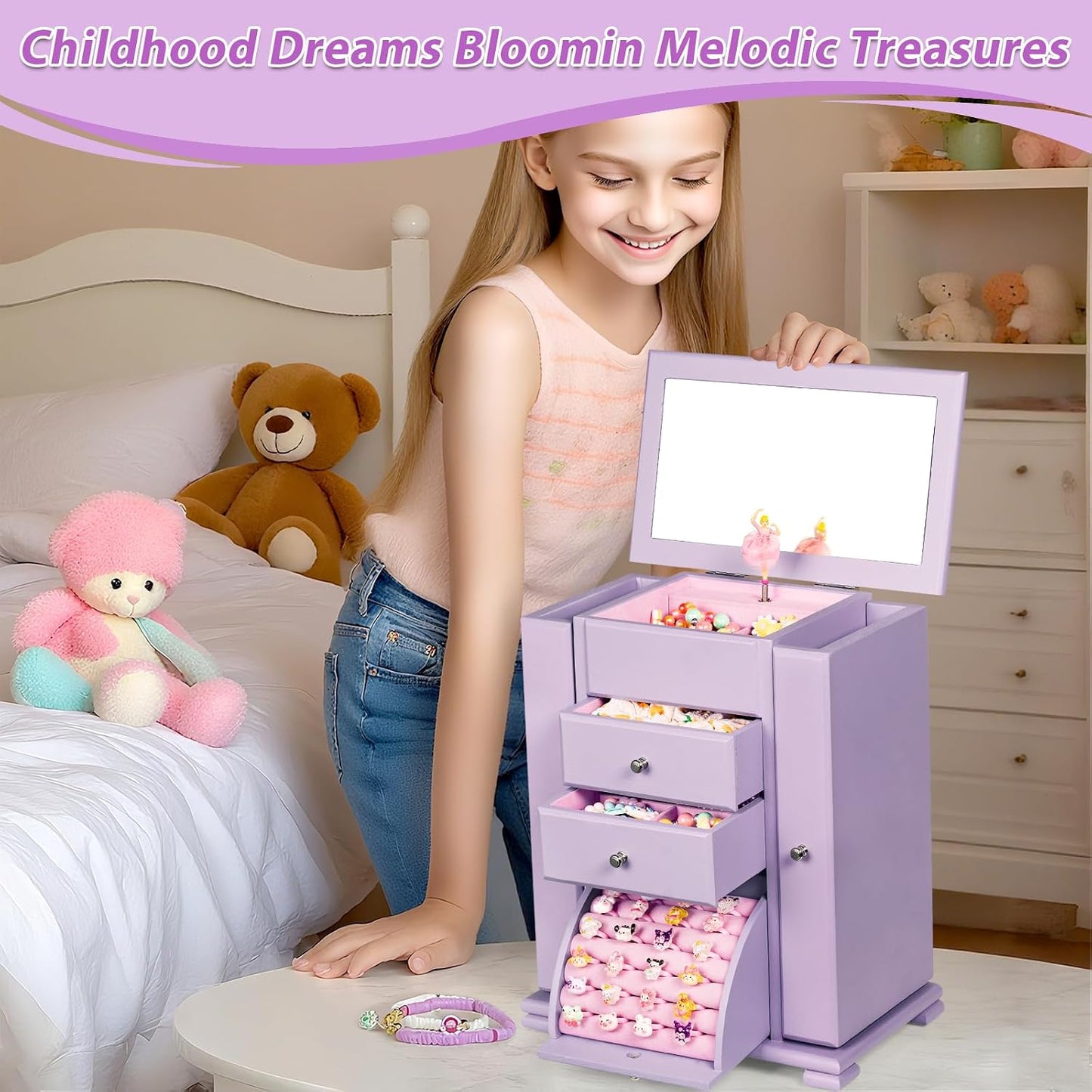 Emfogo Joyero musical para niñas, caja de música grande para niños...
