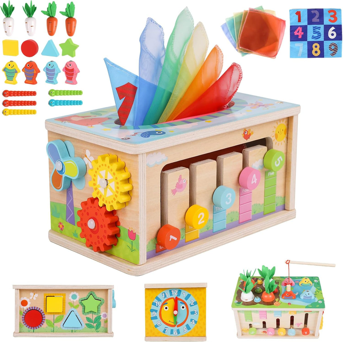 Ancaixin - Caja de pañuelos Montessori 6 en 1, juguete para bebés d...