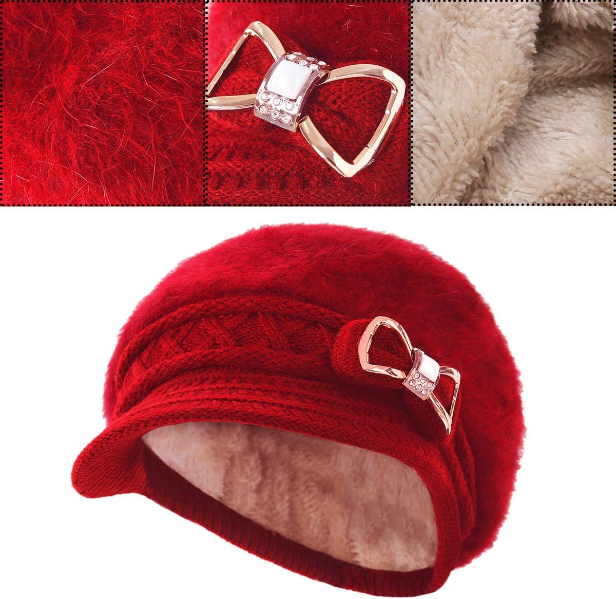 Surblue Sombrero de punto para mujer, boina, gorra de ala ancha con...