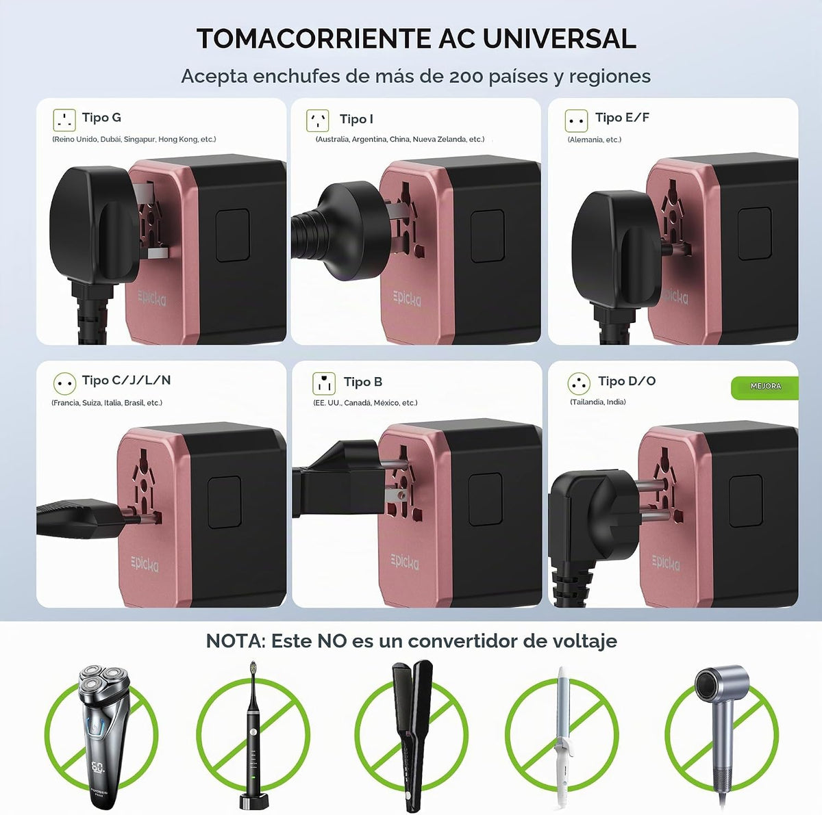 EPICKA Adaptador de viaje universal de 45 W PD&amp;QC, 1AC\/3USB-C\...